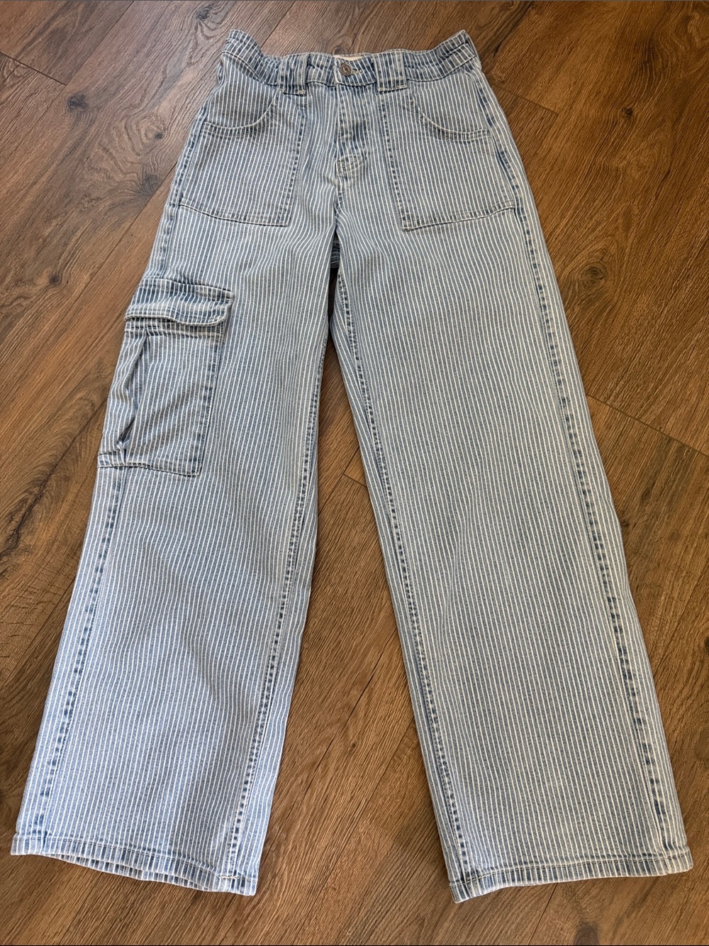 KanCan 27”waistX29”ins Striped WIDE-Leg 1/24 JEANS Cargo Pocket Rise 10.5” EUC